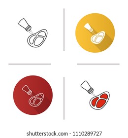 Salting steak icon. Pepper or salt shaker with beefsteak. Flat design, linear and color styles. Isolated vector illustrations