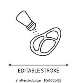 Salting steak linear icon. Thin line illustration. Pepper or salt shaker with beefsteak. Contour symbol. Vector isolated drawing. Editable stroke