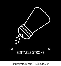 Salting white linear icon for dark theme. Pouring pepper. Seasoning food. Condiment in jar. Thin line customizable illustration. Isolated vector contour symbol for night mode. Editable stroke