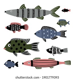 Saltwater fishes. Cartoon characters of sea, color stylish underwater animals, vector illustration set of marine fish isolated on white background