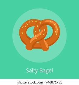 Salty bagel pretzel crisp biscuit baked in form of knot and flavored with salt vector on green. Appetizing snack, delicious bakery with sesame