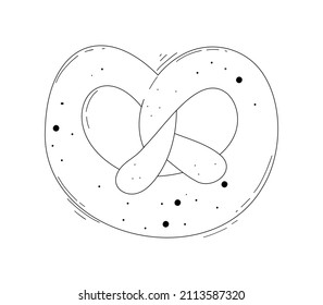 Salty Bavarian pretzel. Vector illustration in cartoon style in black and white. Doodle on a white isolated background