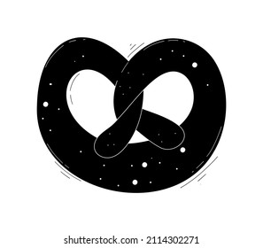 Salty Bavarian pretzel. Vector illustration in cartoon style in black and white. Doodle on a white isolated background