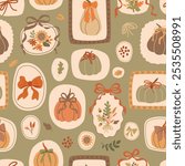 Salty caramel autumn pumpkins, bows and ribbon seamless pattern. Fall framed portraits of pumpkins, flowers, leaves, bow knots hanging on wall. Vector autumn patchwork print, wallpaper, background.