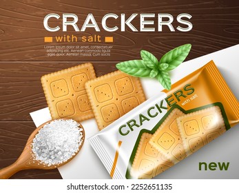 Salty crackers poster. Realistic baking product with basil and salt, isolated snacks with package top view, savoury square cookies, wood background advertising banner, 3d utter vector concept