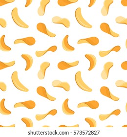 Salty crispy potato chips snacks vector seamless background. Vintage pattern with thin chips, illustration of potato chip