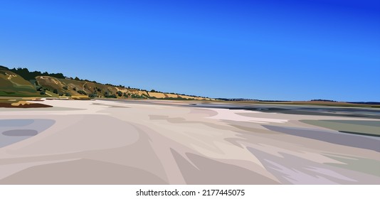 Salty firth. The shores of the salt lake are covered with salt. Dry autumn grass around the salty ground.