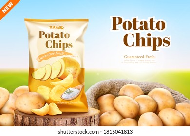 Salty flavoured potato chips advertisement in 3d illustration, Potato chips package over a wood log with a sack full of fresh potatoes