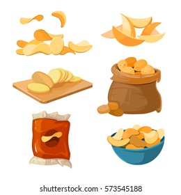 Salty Fried Potato Chips Snacks Vector Set. Delicious And Harmful Chips. Ilustration Of Packaging Chips