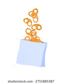 Salty pretzels fall in blue paper bag. Baked bread snack vector illustration isilated on white background.