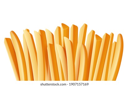 Salty snack, tasty french fries. Yellow delicious potato sticks, chips cooked in deep fat fry oil. Unhealthy fast food. Vector realistic 3d illustration isolated on white