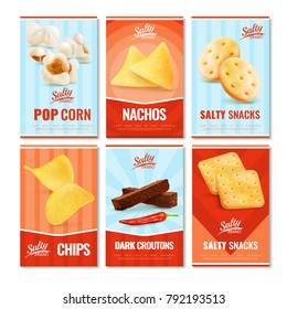 Salty snacks cards collection of six vertical ads with realistic images of small snack pieces and text vector illustration