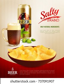 Salty snacks composition with images of can and glass of beer and chips dish with text vector illustration