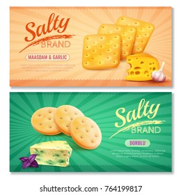 Salty snacks horizontal banners set of two ads with realistic cookies and filler images of premium cheese vector illustration