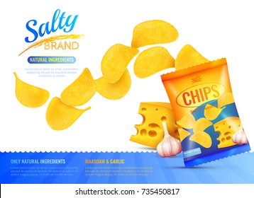 Salty Snacks Poster With Branded Product Package Realistic Images Of Chips Cheese And Garlic With Editable Text Vector Illustration