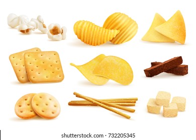 Salzige Snacks mit Einzelbildern von nachos-Chips-Cookies und Popcorn auf unscharfem Hintergrund, Vektorgrafik