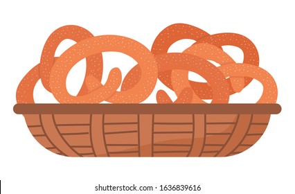 Salty or sweet pretzel isolated on white background. Baked pastry made from dough, shaped into knot. Cookies lay in wooden basket in market or bakery. Vector illustration of kringle in flat style