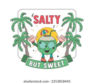 Salty but Sweet, summer Vacation vector design with Coconut Cartoon Character and cauple of Palm tree. Beautiful summer background design collection Can be print on Sticker, Mug, T-Shirt and so on