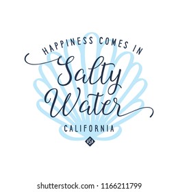 Salty water calligraphy tshirt design with shell background. Summer time related motivational typography inscription. Vector illustration.