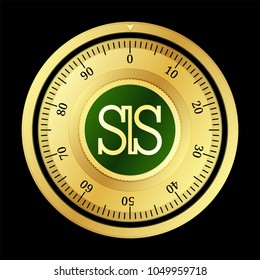 SaluS (SLS) cryptocurrency safe lock. Eps10 vector illustration isolated on black background.