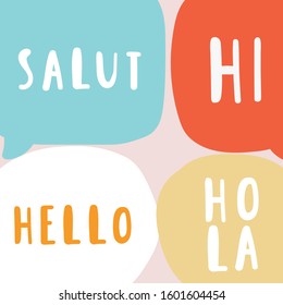 Salut, hi, hello, hola. Bilingual concept. Vector hand drawn illustration.