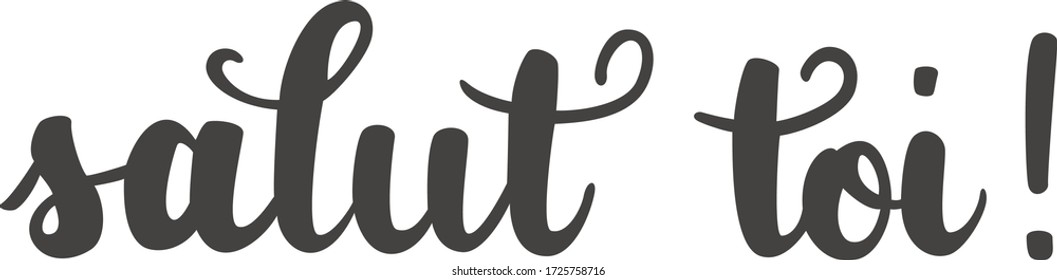 "Salut toi" hand drawn vector lettering in French, in English means "Hi you". Hand lettering calligraphy isolated on white. French greeting. Vector art 