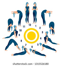 Salutation to the sun is a form of worship in Hinduism. Exercise or properly posture flat. In minimalist style. Cartoon Vector Illustration