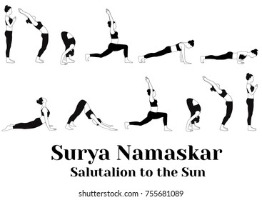 Salutation to the Sun yoga complex. Vector illustration of woman doing Surya Namaskar practice in yoga poses.