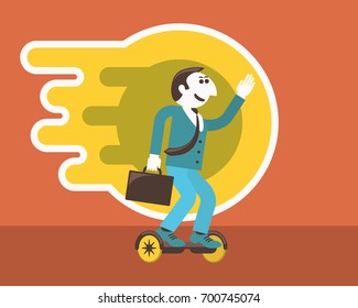 Salute businessman going to work by two-wheeled board. Getting around the city on self-balancing electric gyro board scooter. To promote a modern fashion healthy life. Vector flat cartoon illustration