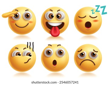 Salute emoji vector characters set. Hand salute emojis 3d icon clip art character with goofy, crazy, tired, sleepy, confused and sad facial expression yellow graphic elements. Vector illustration