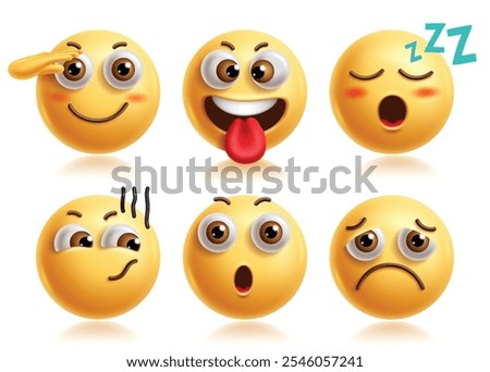 Salute emoji vector characters set. Hand salute emojis 3d icon clip art character with goofy, crazy, tired, sleepy, confused and sad facial expression yellow graphic elements. Vector illustration