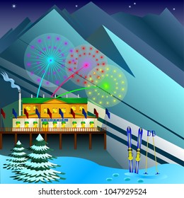 salute in the evening at the ski resort. Vector Illustration