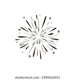 Saludo y explosión, estrellas, puntos, salpicaduras. Esbozo en lápiz negro sobre fondo blanco. Concepto festivo con lugar para texto, letras. Diseño para postal, placa, etiqueta.
