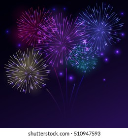 Salute, Festive Fireworks on black Background. Celebrating Christmas, New Year, National Holidays Concept. Vector Illustration.