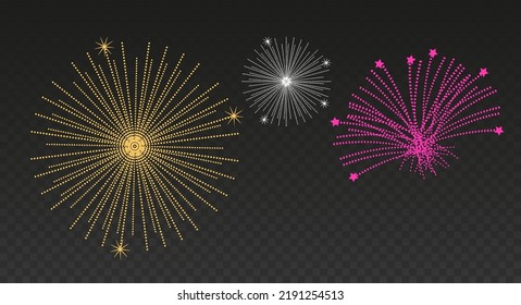 Salute, fireworks. Merry Christmas and happy New Year 2023 background. Christmas greeting card template. Vector illustration.