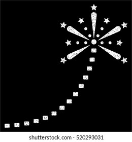 Salute Fireworks Trace grainy textured icon for overlay watermark stamps. Flat symbol with dust texture. Dotted vector white ink rubber seal stamp with grunge design on a black background.