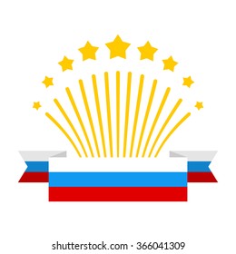 Salute and flag of Russia. Fireworks and Patriotic Ribbon from  Tricolor Russian banner. Design element for greeting card for May 9 or 23 February.