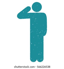 Salute Pose grainy textured soft blue icon for overlay watermark stamps. Flat symbol with unclean texture. Dotted vector ink rubber seal stamp with grunge design on a white background.