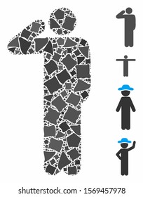Salute pose icon composition of raggy pieces in different sizes and color tinges, based on salute pose icon. Vector joggly items are composed into collage.