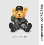 salute slogan with bear doll in military air force costume vector illustration