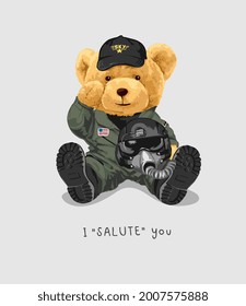 salute slogan with bear doll in military air force costume vector illustration