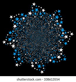 Salute Star Flower vector illustration. This New Year Pyrotechnic illustration is drawn with blue and white flat bright stars on a black background.