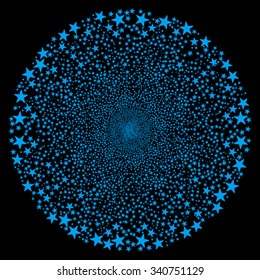 Salute Star Sphere vector illustration. This Festival Pyrotechnic illustration is drawn with blue flat stars on a black background.