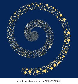 Salute Star Spiral vector illustration. This New Year Pyrotechnic illustration is drawn with yellow flat bright stars on a blue background.