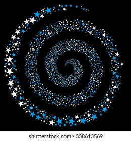 Salute Star Spiral vector illustration. This Festival Pyrotechnic illustration is drawn with blue and white flat bright stars on a black background.