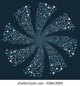 Salute Star Twirl vector illustration. This New Year Pyrotechnic illustration is drawn with blue and white flat bright stars on a dark blue background.