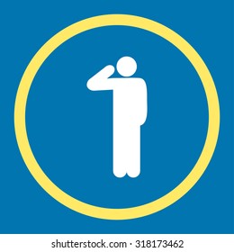 Salute vector icon. This rounded flat symbol is drawn with yellow and white colors on a blue background.