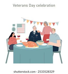 Saludo al concepto de Veterano. Una familia honra a un oficial militar con una comida festiva, que encarna respeto y gratitud. Patriotismo, unidad y celebración. Ilustración vectorial.