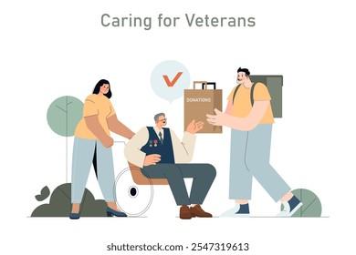 Salute to the Veteran concept. A heartfelt scene of community giving back to a veteran with donations, conveying gratitude and respect. Vector illustration.