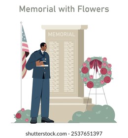 Saludo al concepto de Veterano. Una ilustración de un soldado honrando a camaradas caídos en un monumento cargado de flores. Un tributo al servicio militar. Ilustración vectorial.